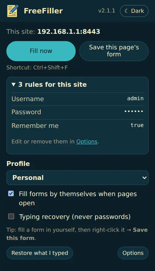 The FreeFiller popup on a router page, with Fill now and its three saved rules