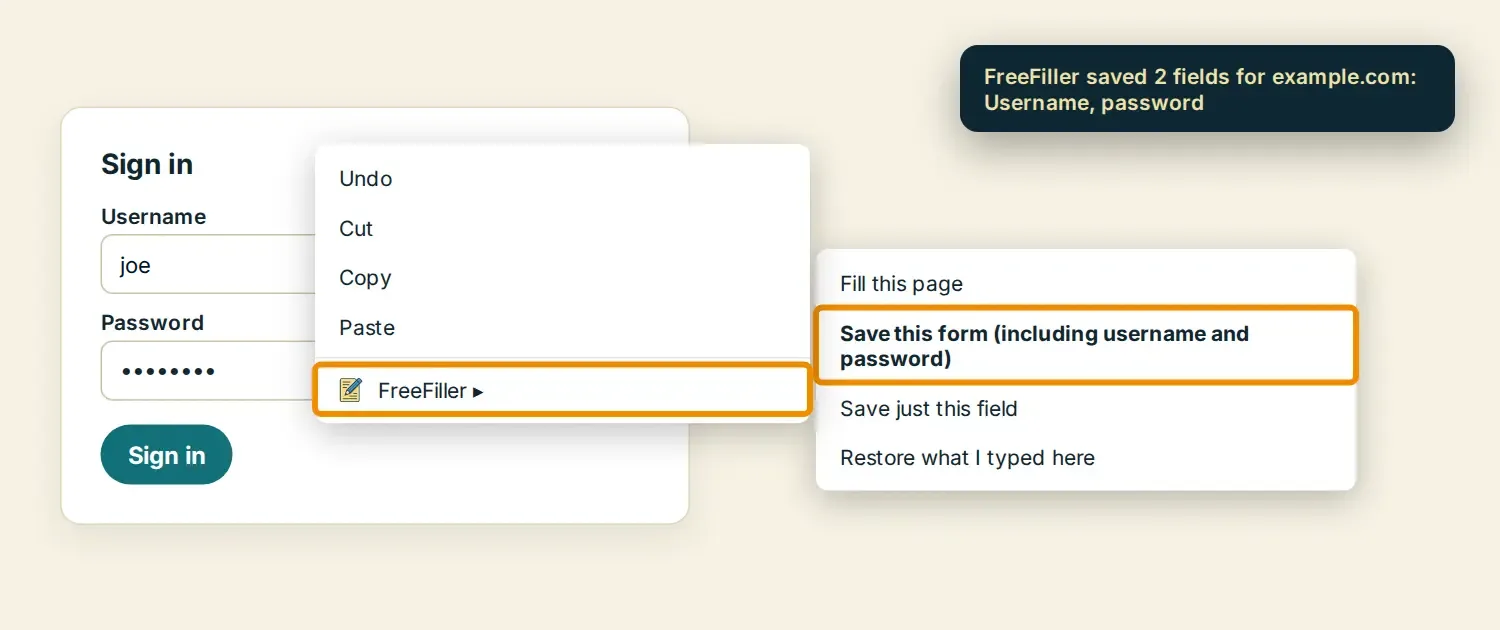 Right-click → FreeFiller → Save this form
