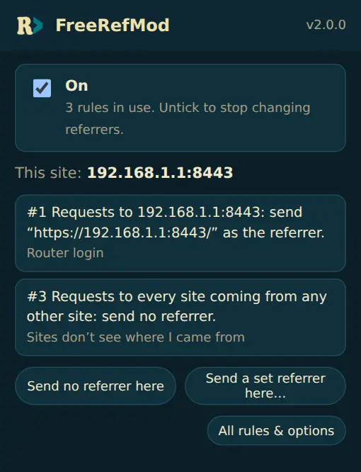 The FreeRefMod popup on a router page